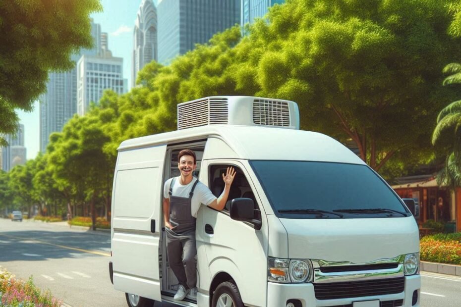 Chiller van with driver ready for refrigerated delivery service in Dubai